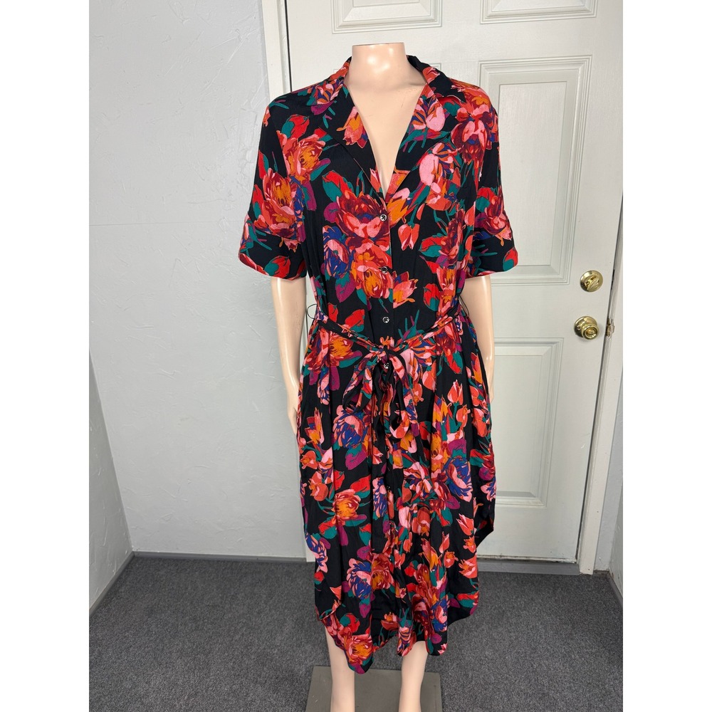 Anthropologie Maeve Buttondown Shirt Dress Medium Floral Viscose Pockets Tie J11